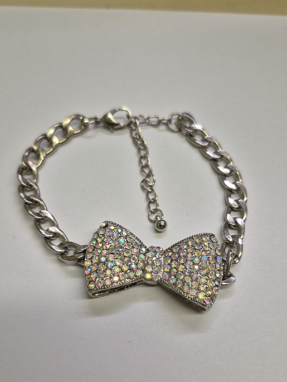 Aurora Borealis Crystal Bow Charm Silver Chain Bracelet